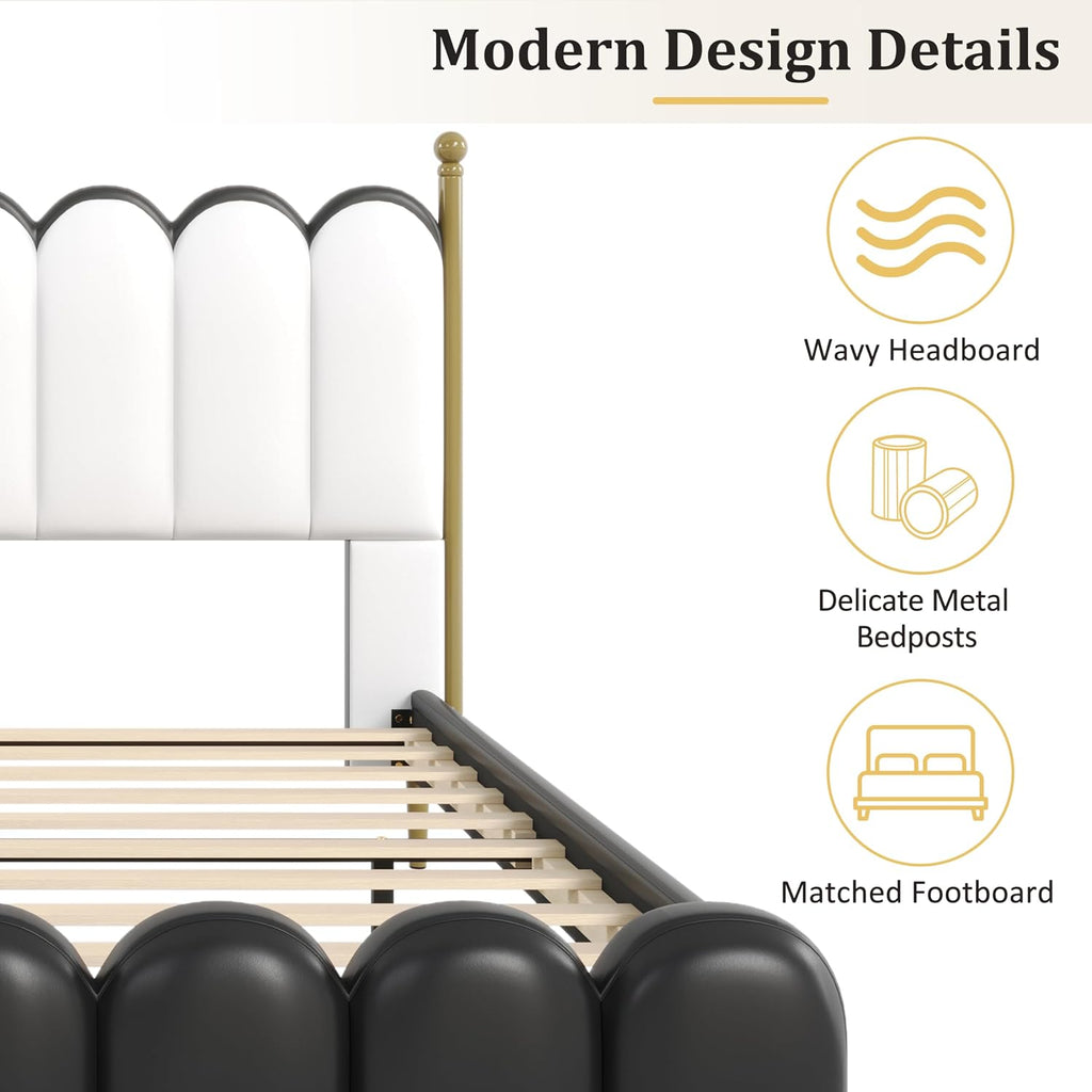 White Black Faux Leather Queen Platform Bed Frame