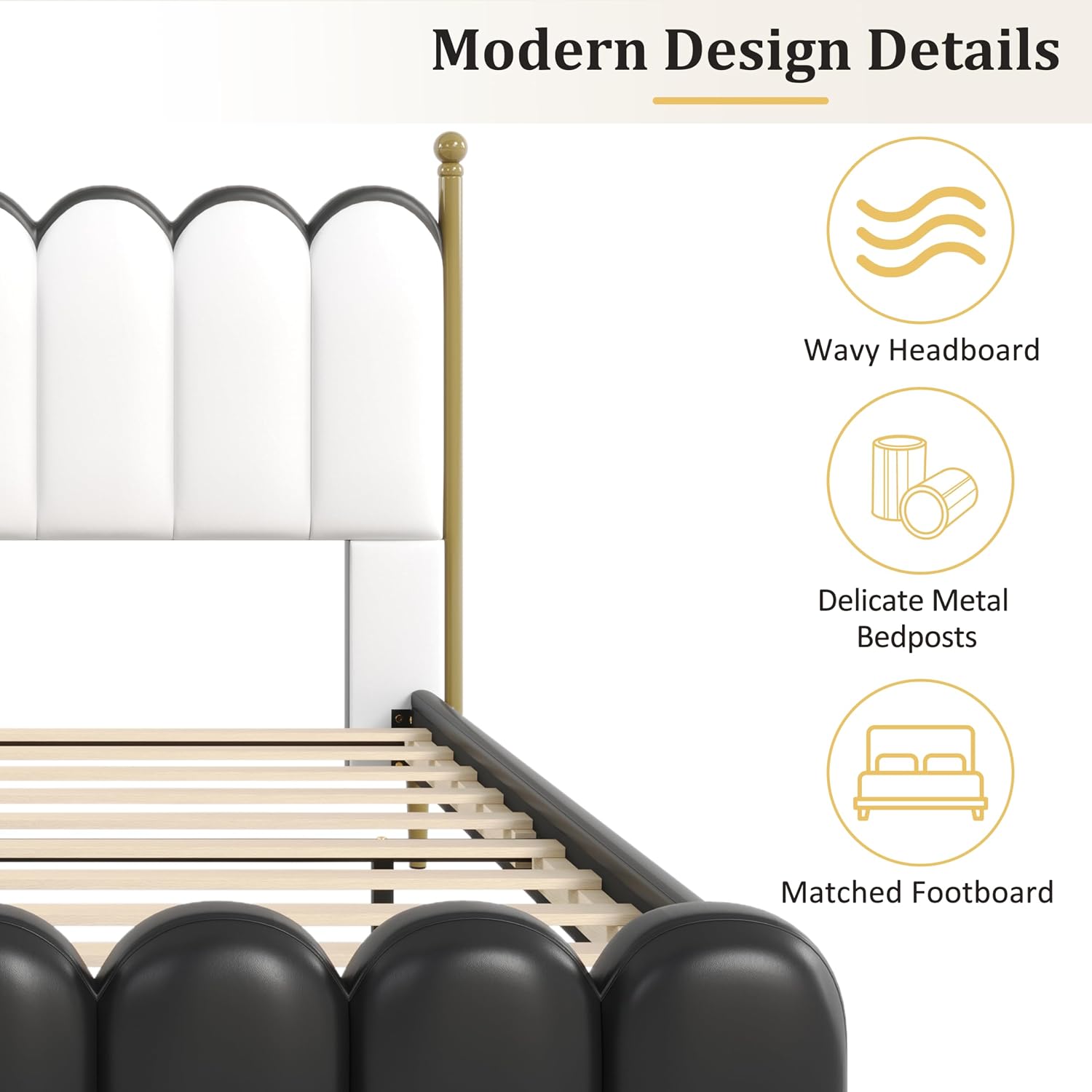 White Black Faux Leather Queen Platform Bed Frame