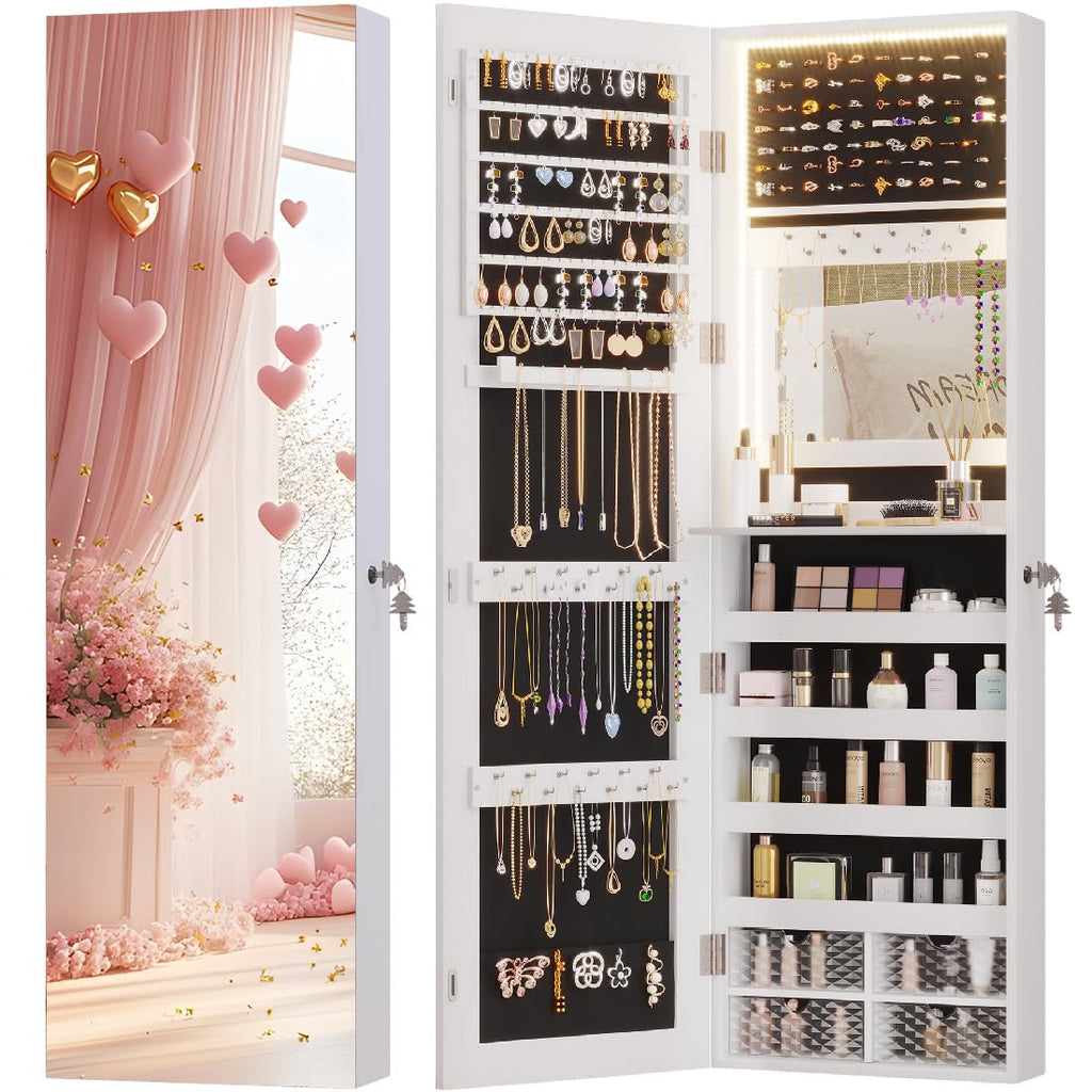 LED Lockable White Full Length Hanging Jewelry Cabinet