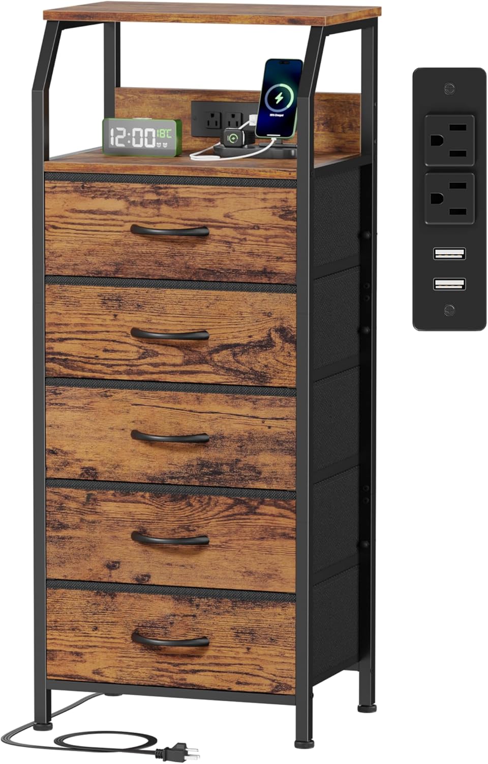 Rustic Brown 5 Drawer Dresser with Charging Station