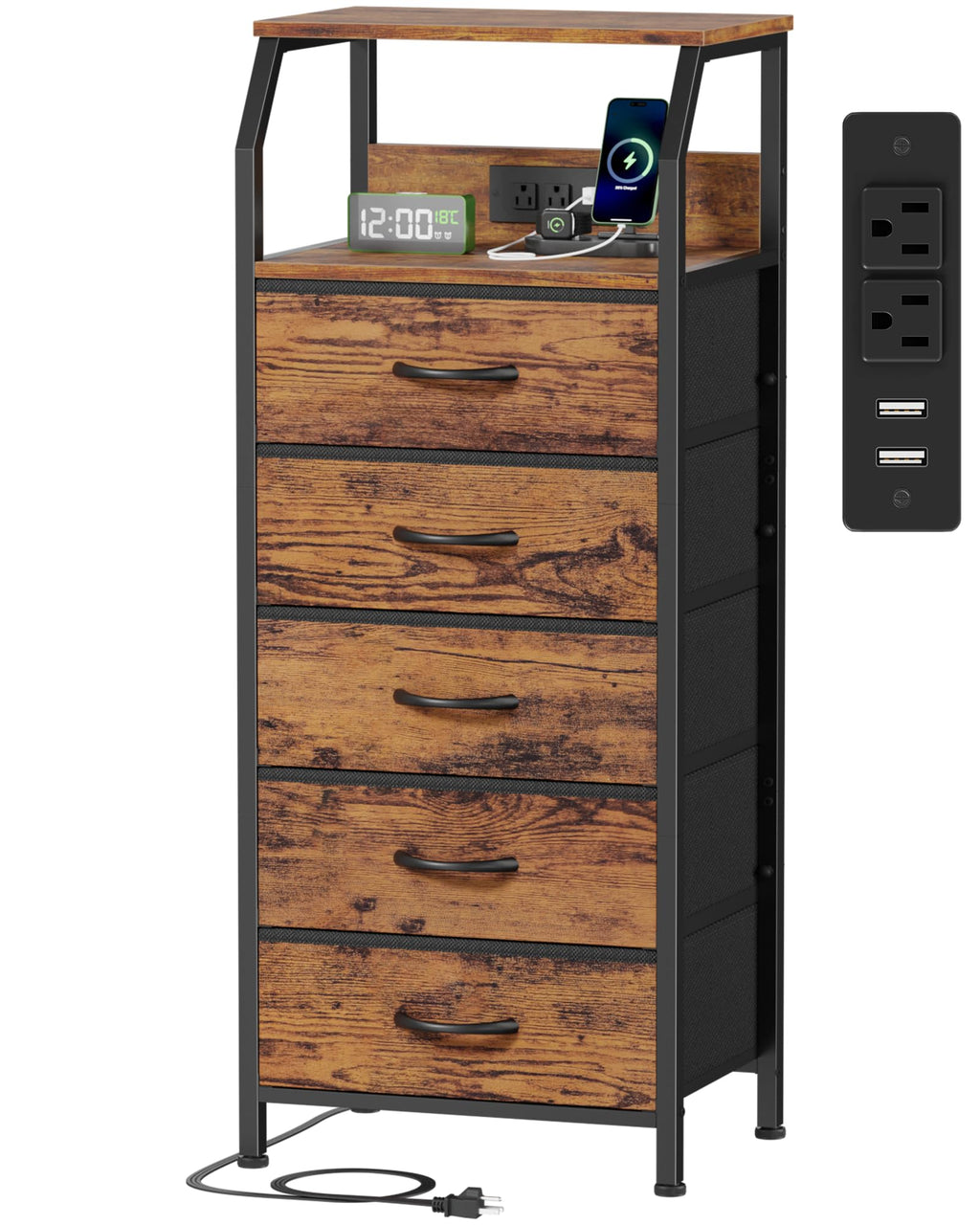 Rustic Brown 5 Drawer Dresser with Charging Station
