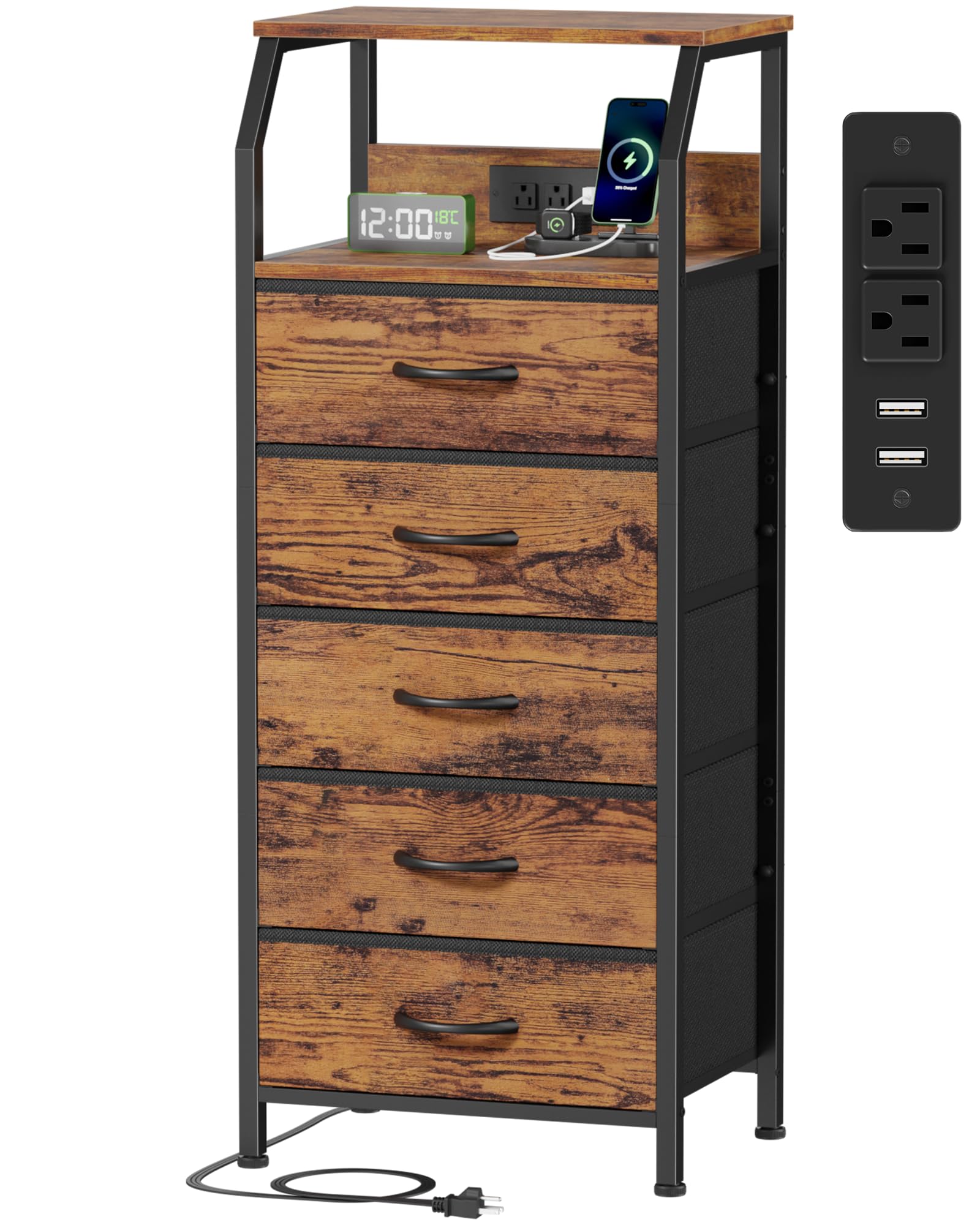 Rustic Brown 5 Drawer Dresser with Charging Station