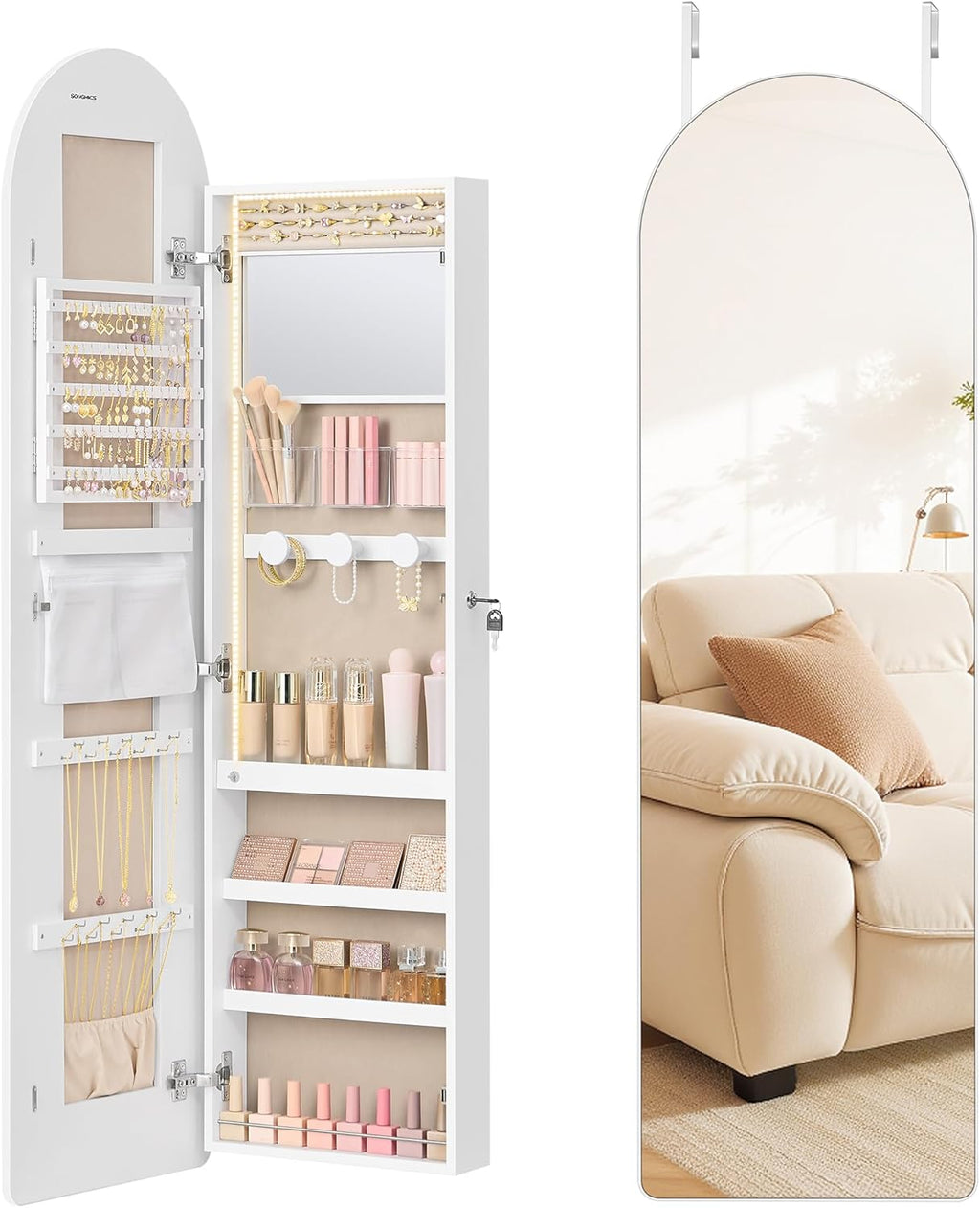 55 Inch White LED Lockable Arched Jewelry Cabinet