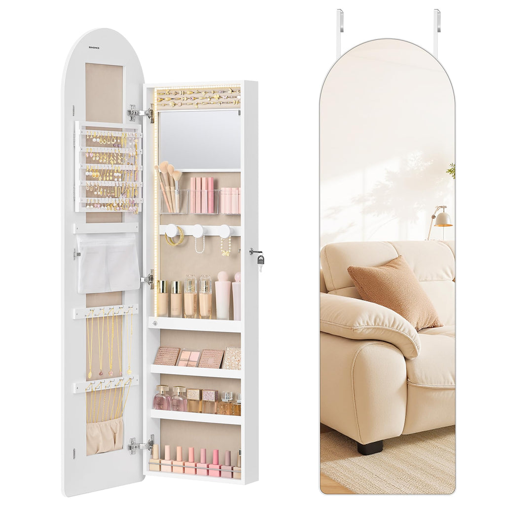 55 Inch White LED Lockable Arched Jewelry Cabinet