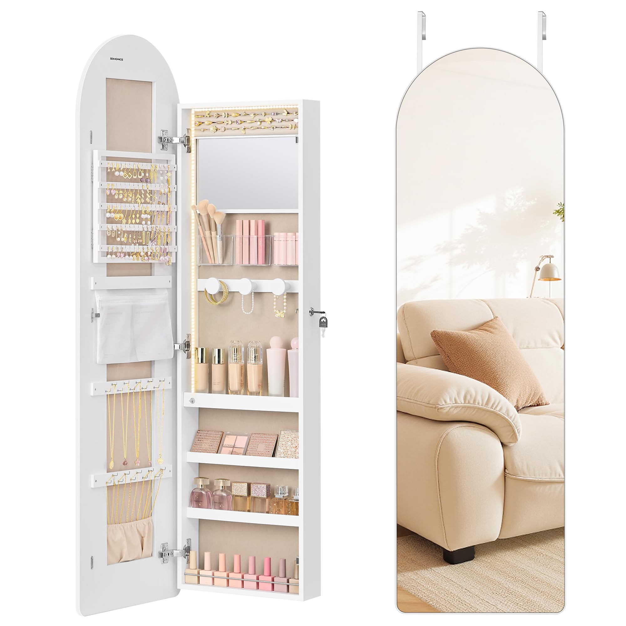 55 Inch White LED Lockable Arched Jewelry Cabinet
