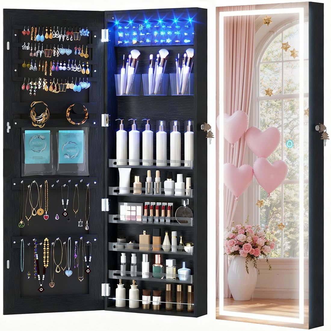 LED Lockable White Full Length Hanging Jewelry Armoire