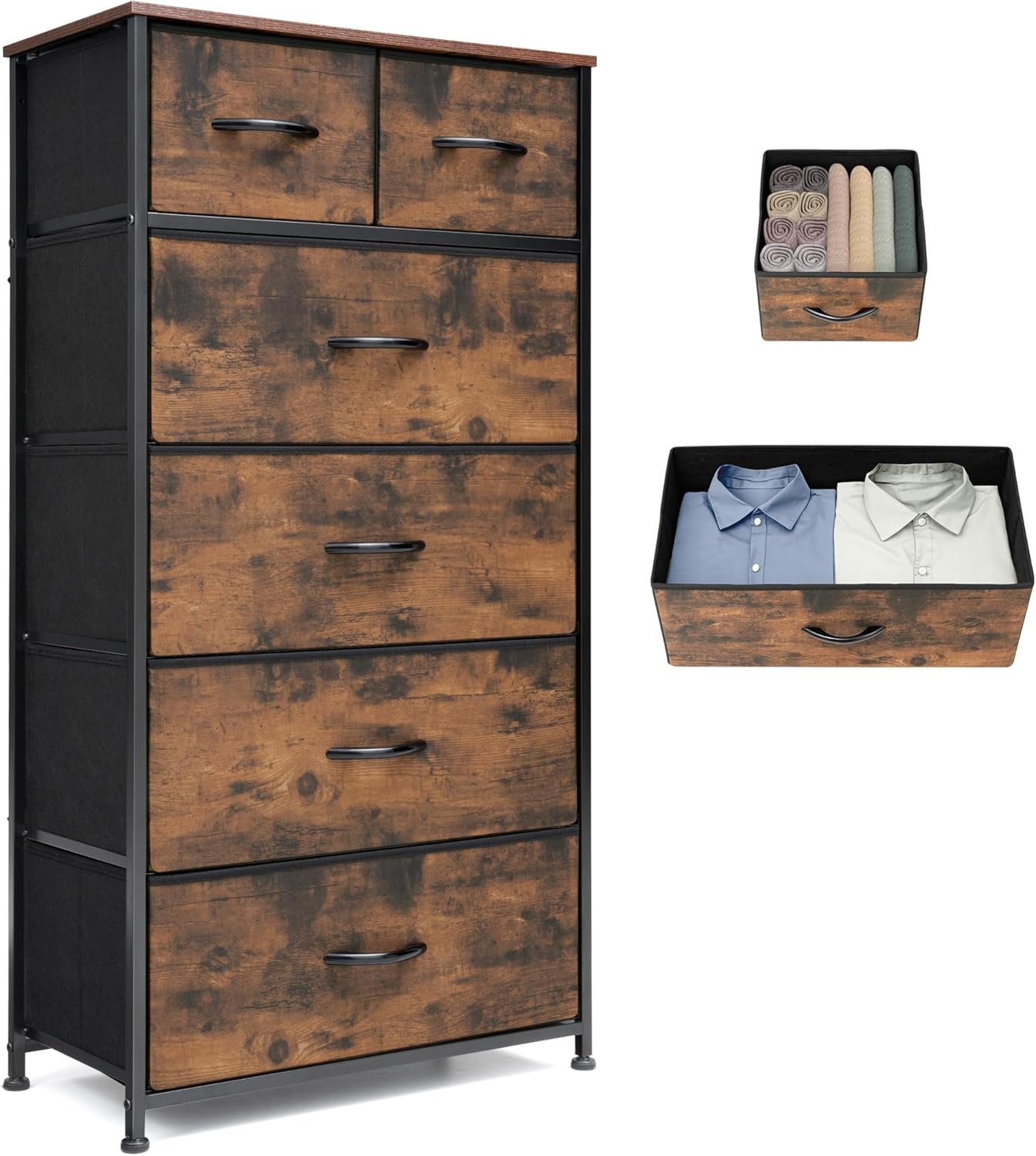 Rustic Brown Wood Top 6 Drawer Slim Fabric Dresser