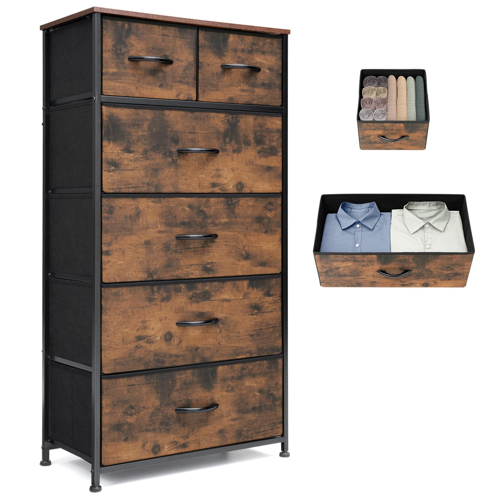 Rustic Brown Wood Top 6 Drawer Slim Fabric Dresser