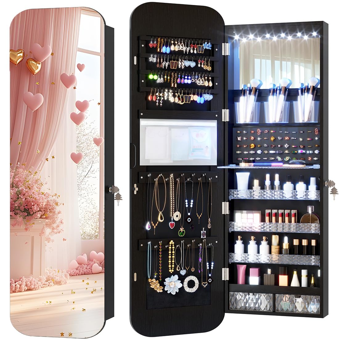 LED Lockable White Full Length Hanging Jewelry Cabinet