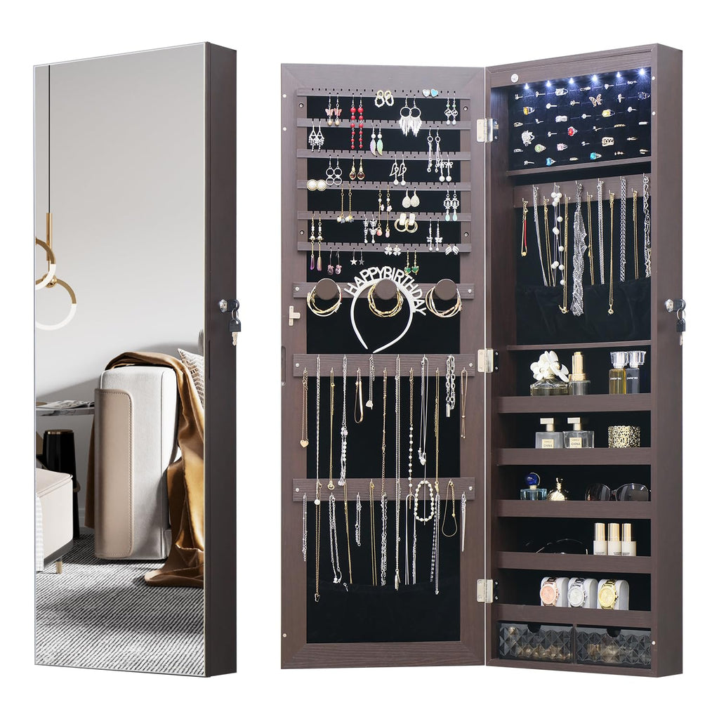 White Lockable Wall Mount Full Length Jewelry Armoire