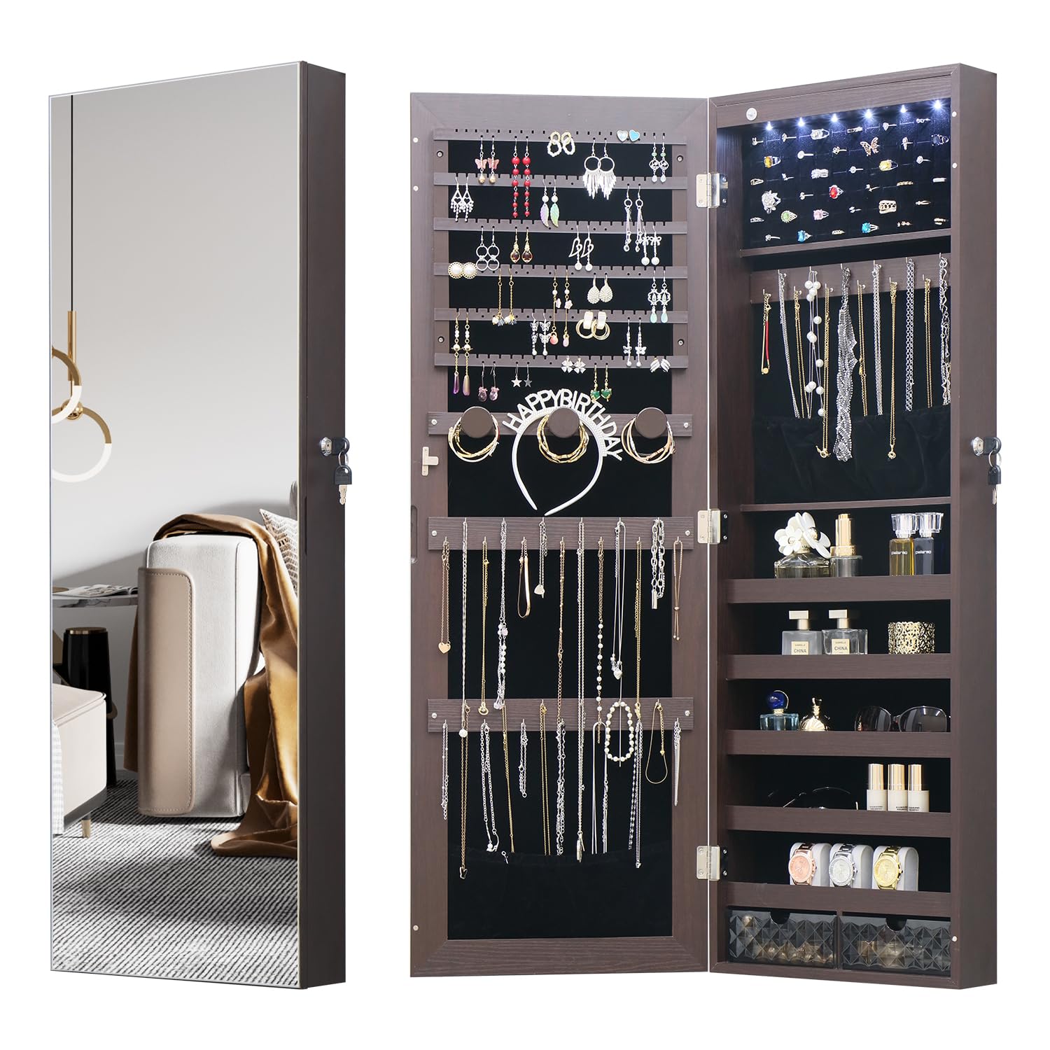 White Lockable Wall Mount Full Length Jewelry Armoire