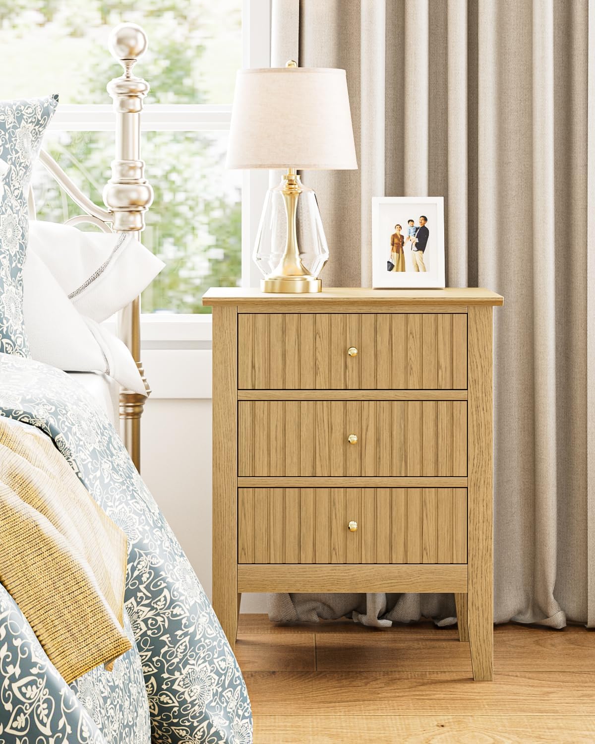 Oak Fluted 3 Drawer Farmhouse Bedside Nightstand
