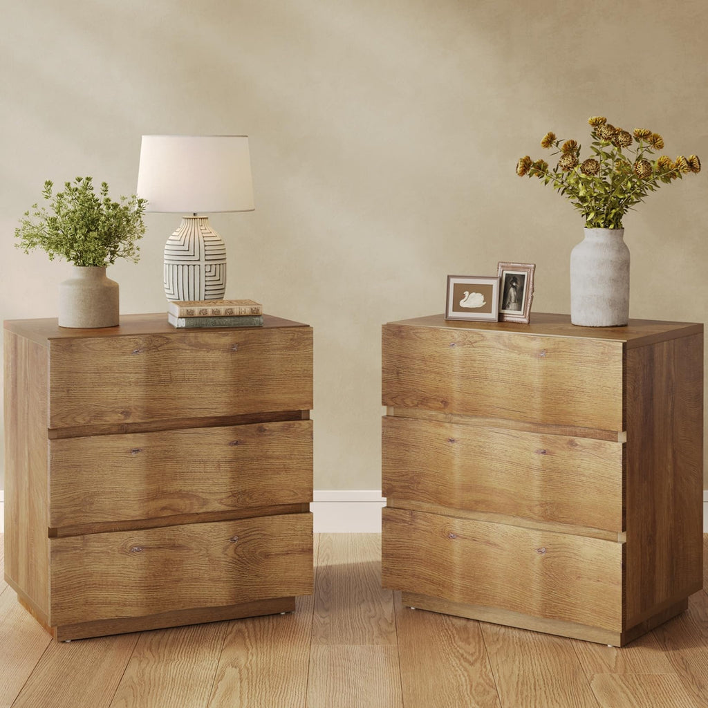 Natural Fluted 3 Drawer Rustic Wood Nightstand