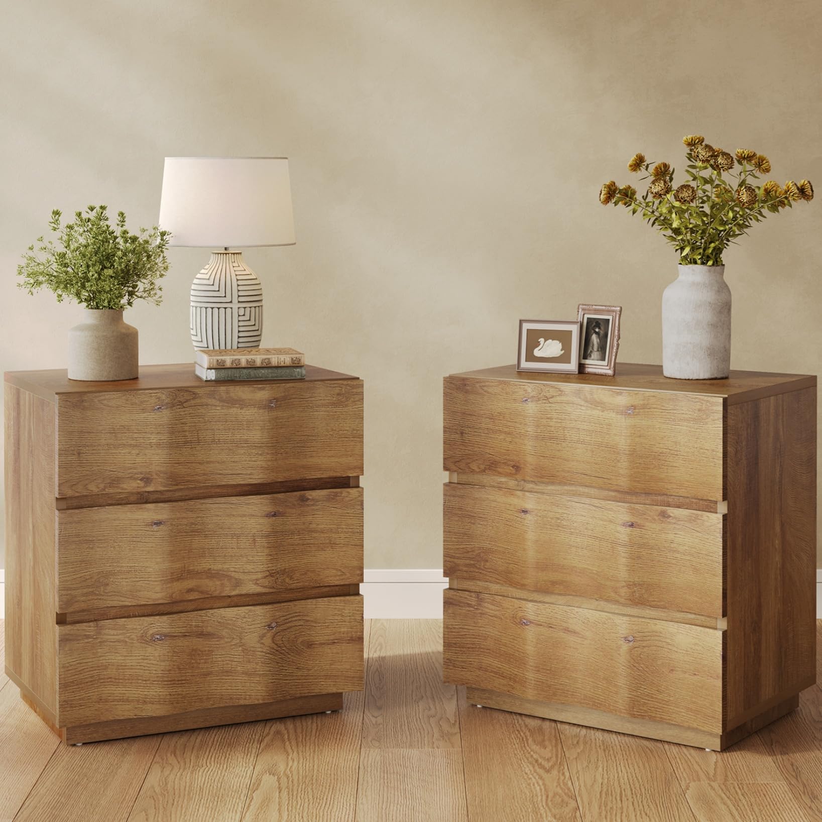 Natural Fluted 3 Drawer Rustic Wood Nightstand
