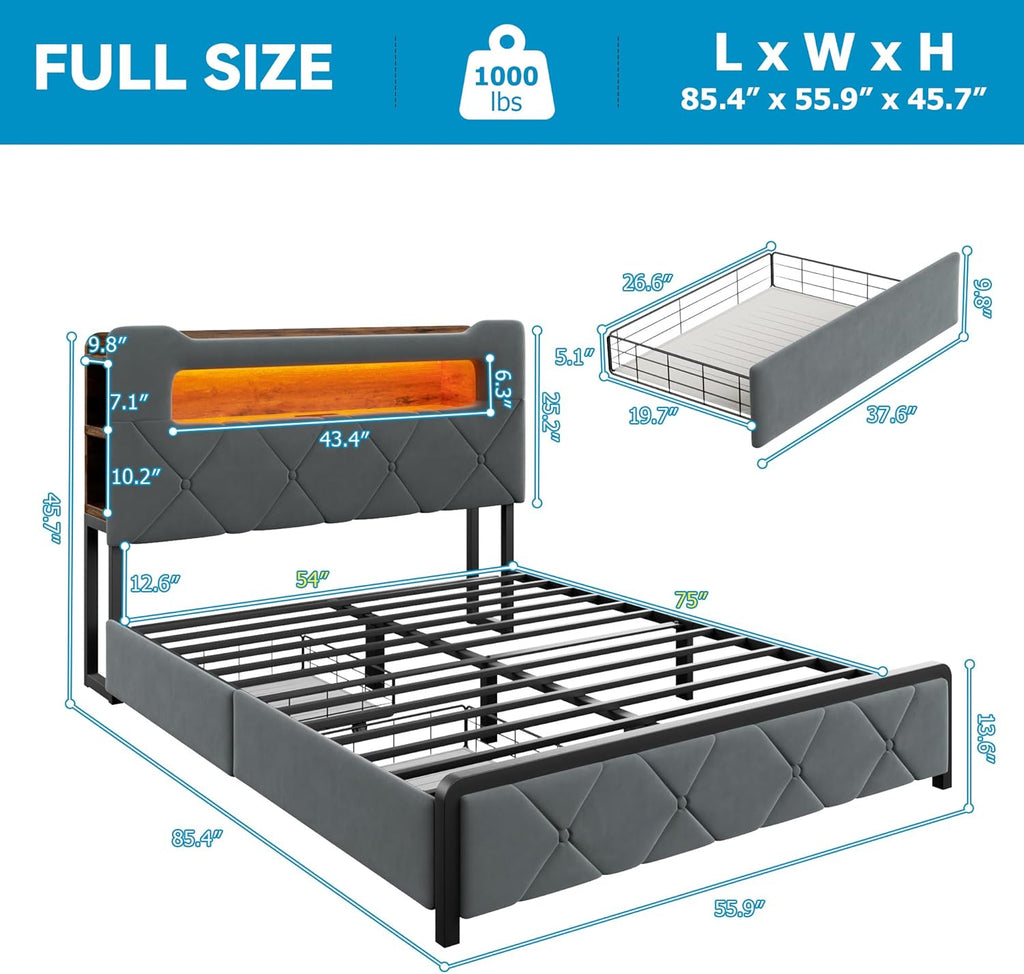 Grey Velvet Full LED Bed Drawers Charging Headboard