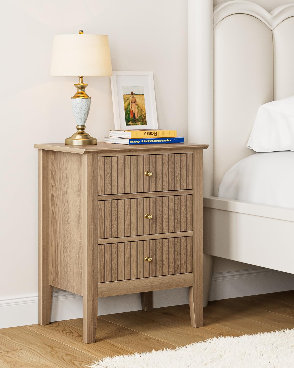 Oak Fluted 3 Drawer Farmhouse Bedside Nightstand