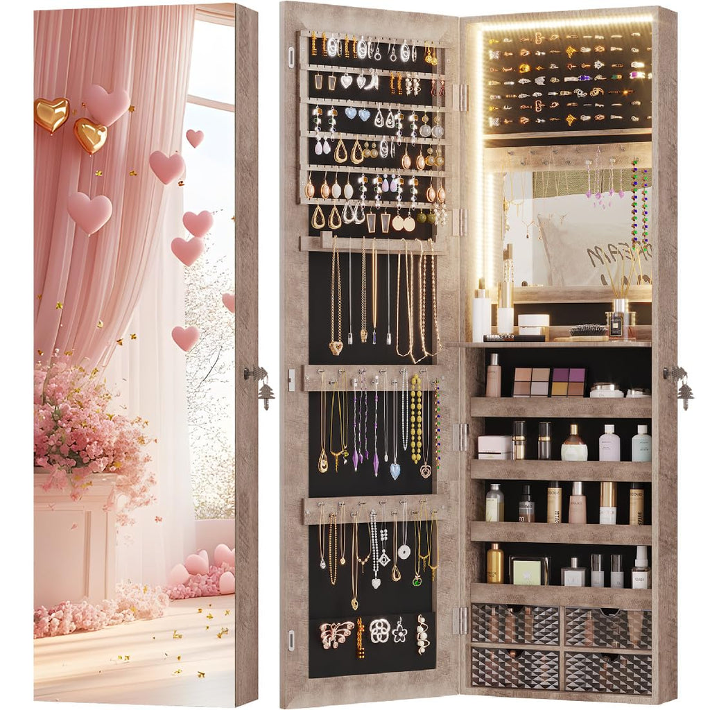 LED Lockable White Full Length Hanging Jewelry Cabinet