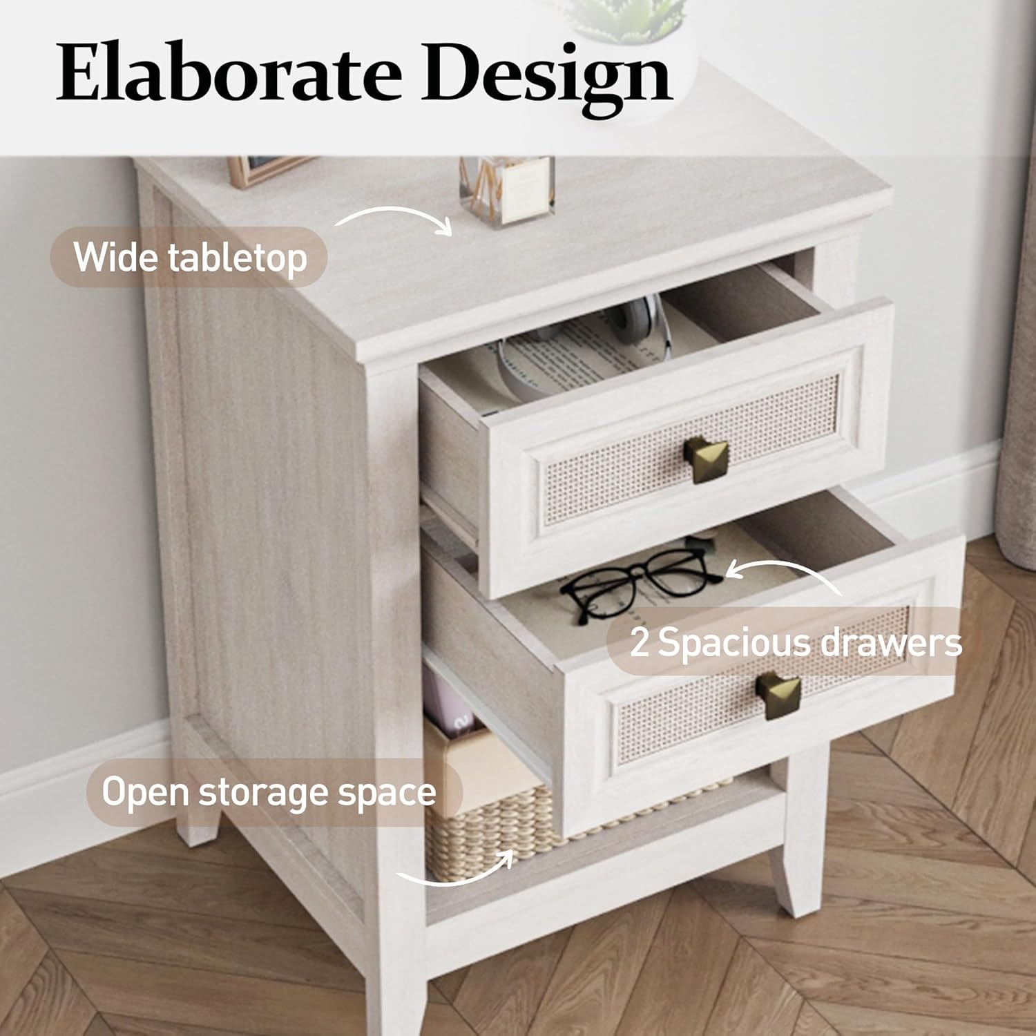 Grayish White Rattan 2 Drawer Bedroom Nightstand