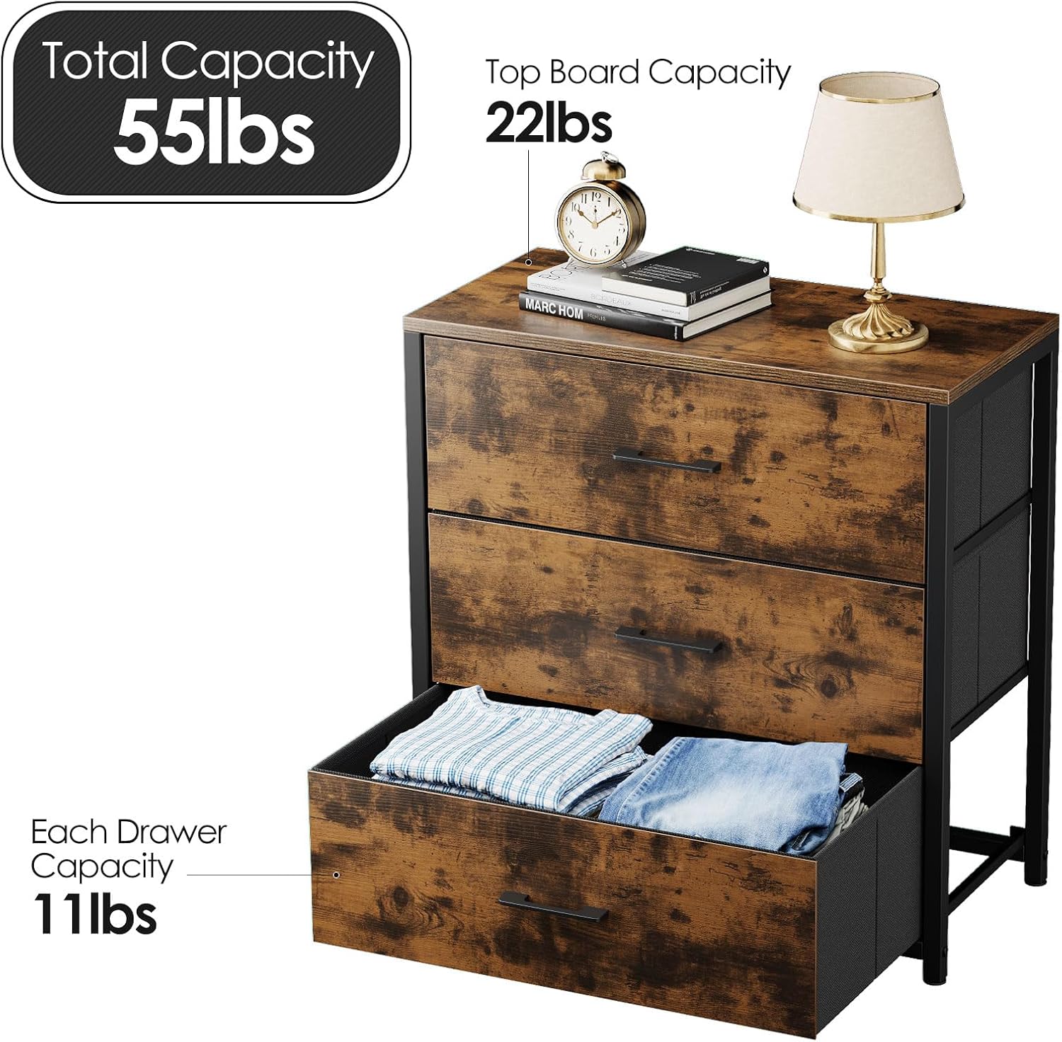 Wood Top Fabric 3 Drawer Bedroom Nightstand Dresser