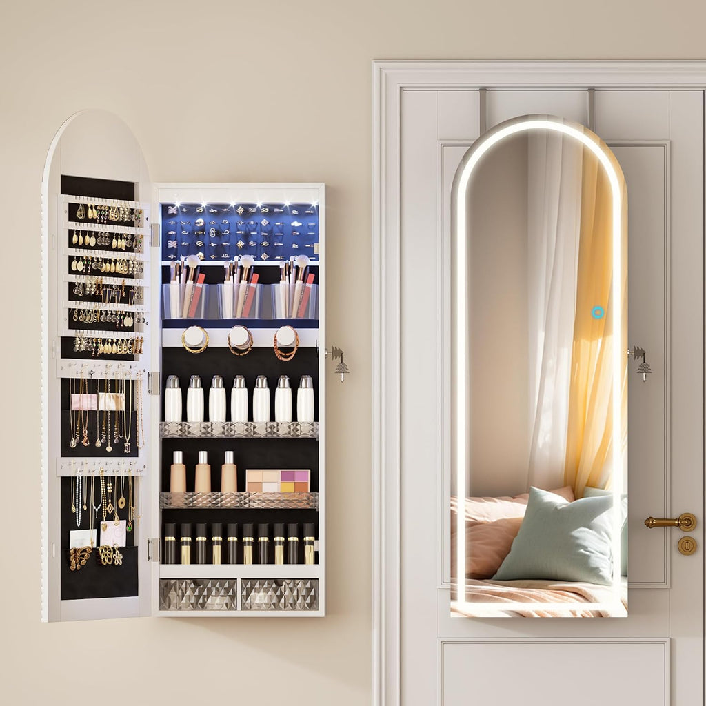 43 Inch White LED Lockable Arched Jewelry Cabinet