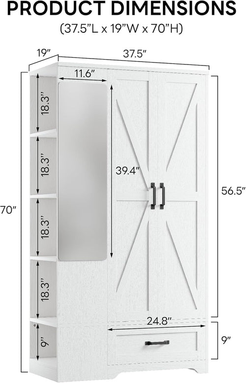 70 Inch White Freestanding Mirror Wardrobe Closet