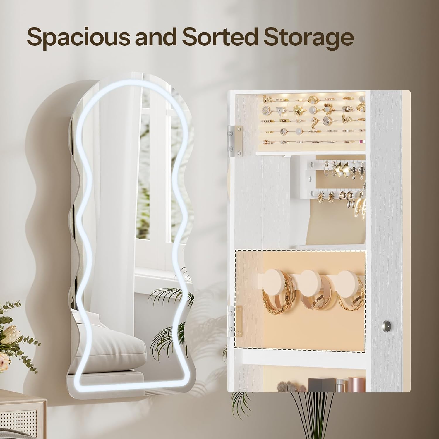 LED Lockable White Full Length Wall Jewelry Cabinet