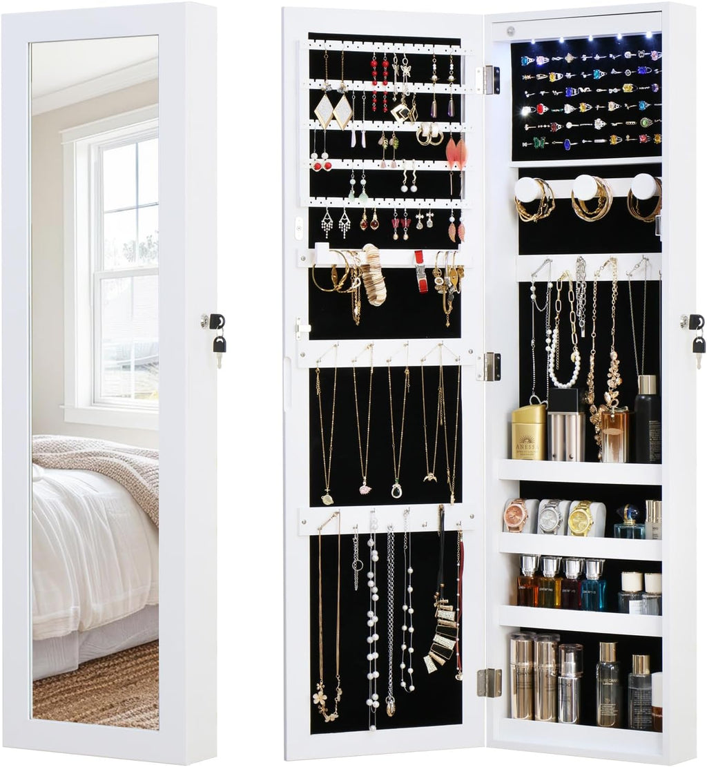 White Lockable Wall Mount Full Length Jewelry Armoire