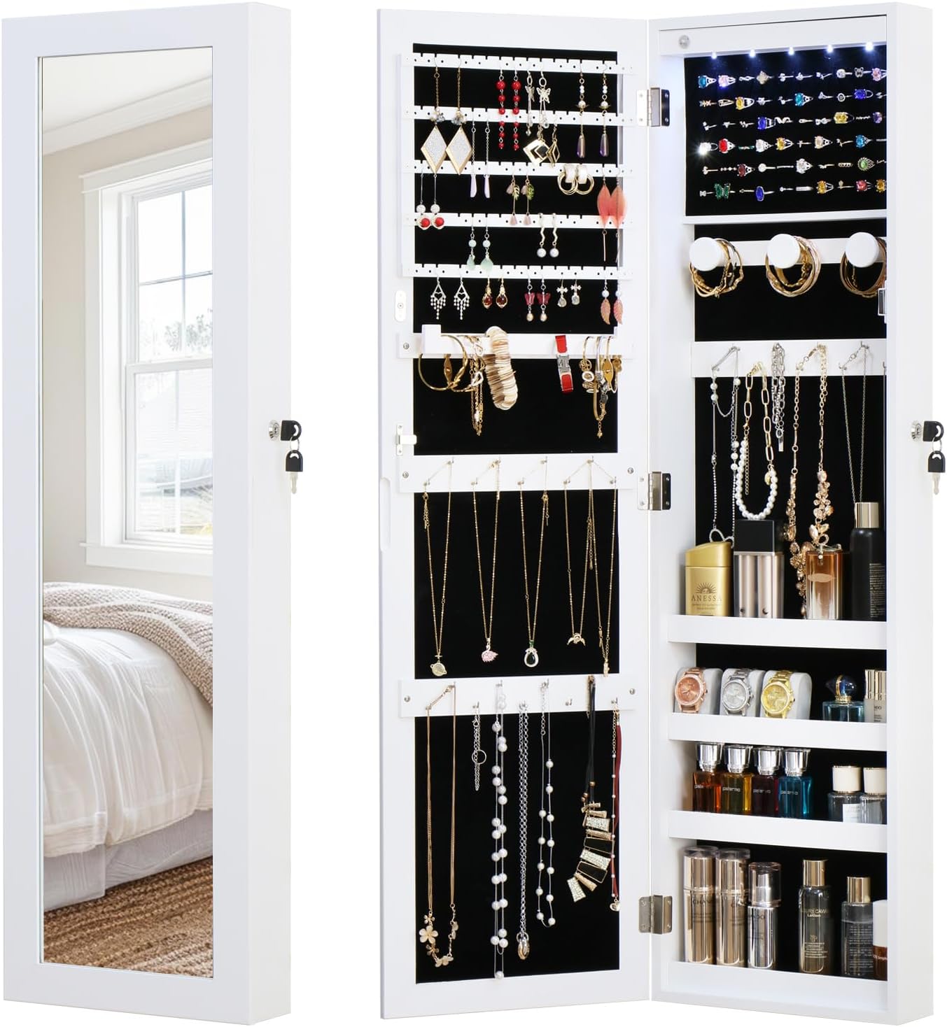 White Lockable Wall Mount Full Length Jewelry Armoire