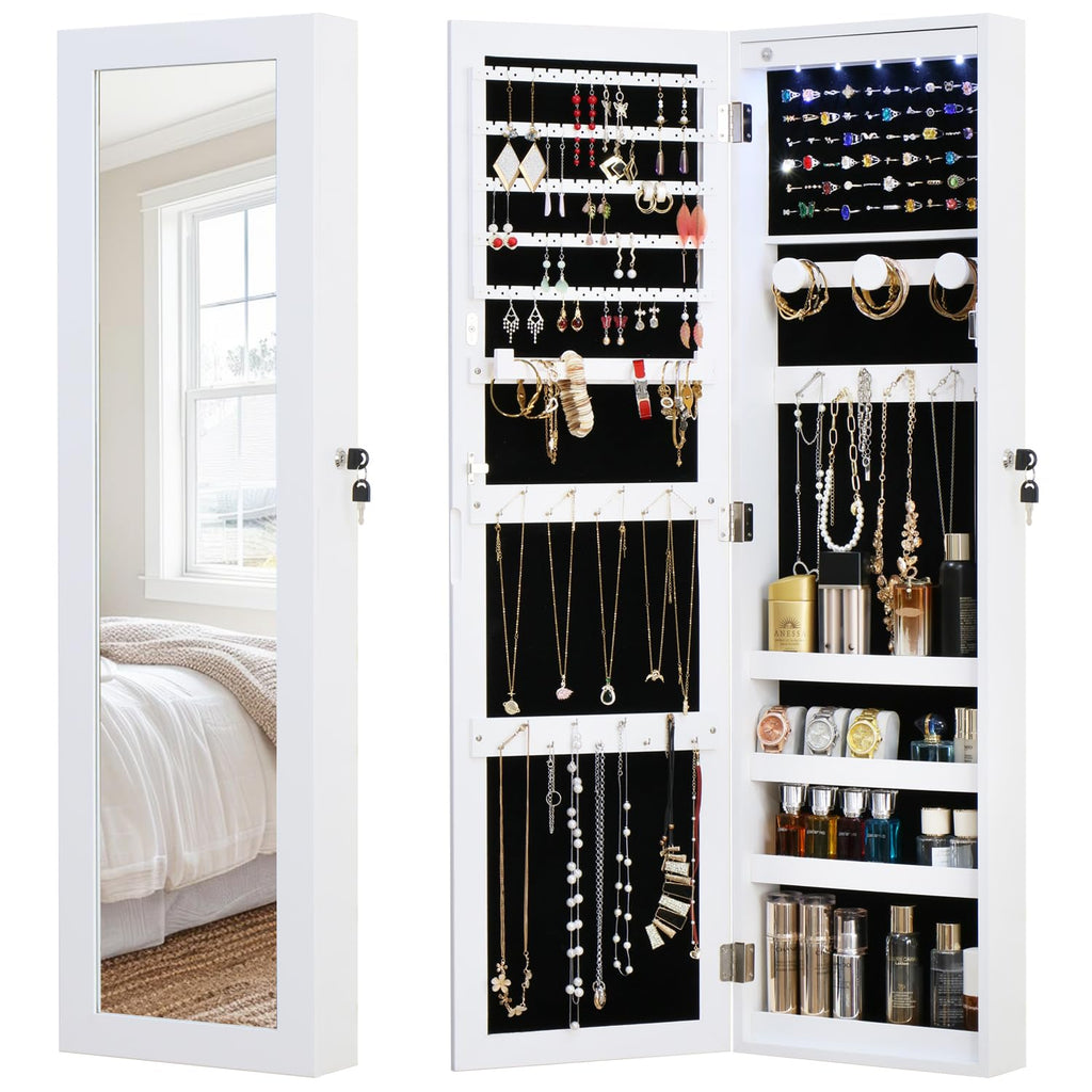White Lockable Wall Mount Full Length Jewelry Armoire