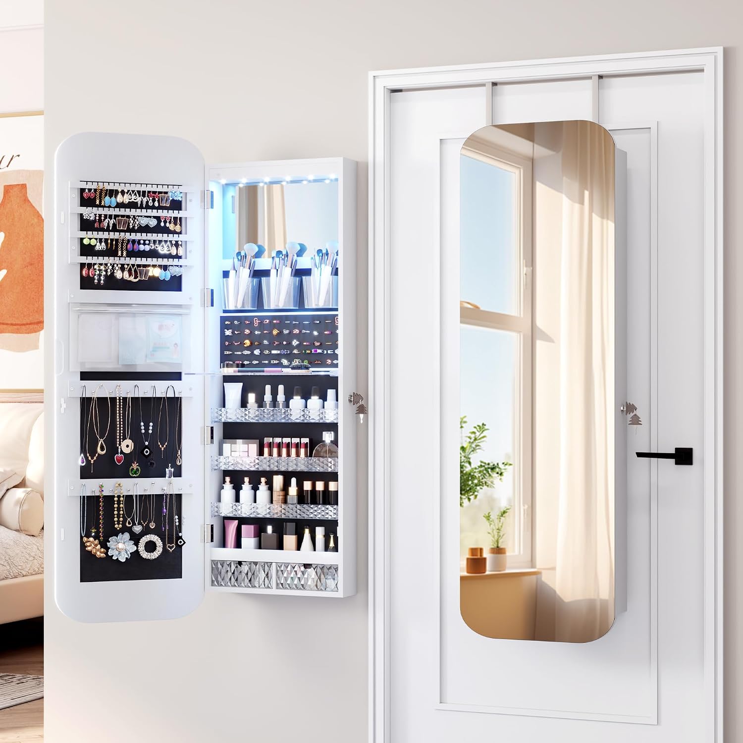 LED Lockable White Full Length Hanging Jewelry Cabinet