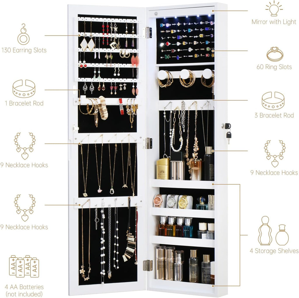 White Lockable Wall Mount Full Length Jewelry Armoire