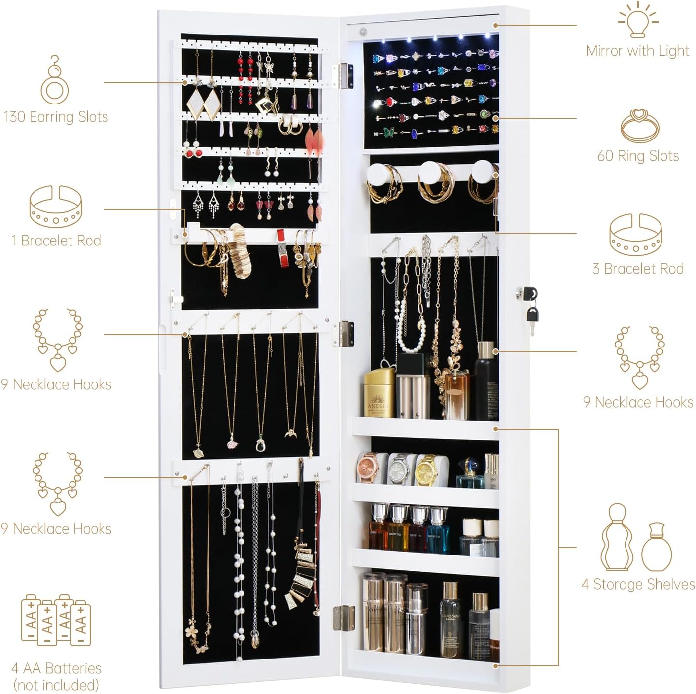 White Lockable Wall Mount Full Length Jewelry Armoire