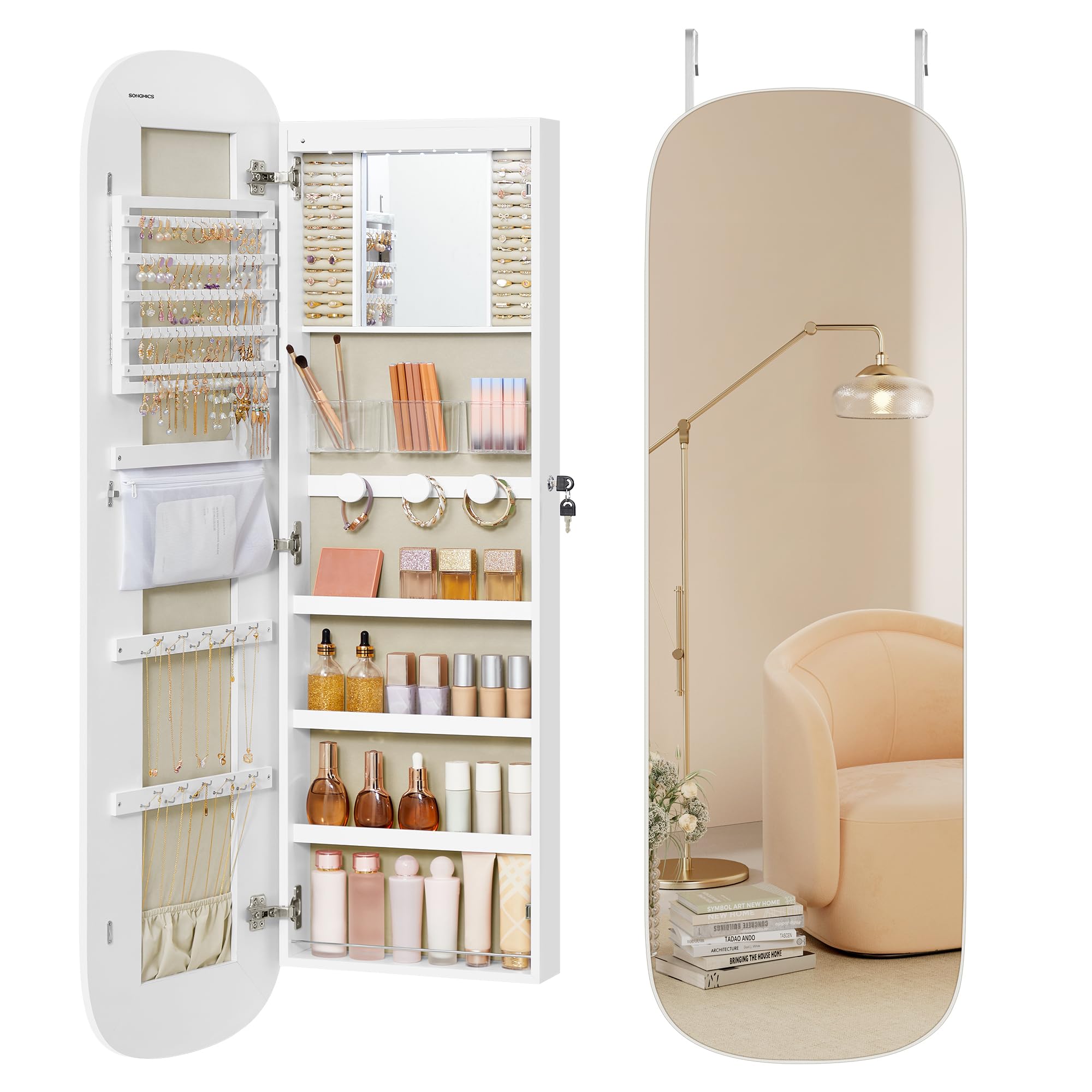 55 Inch White LED Lockable Arched Jewelry Cabinet