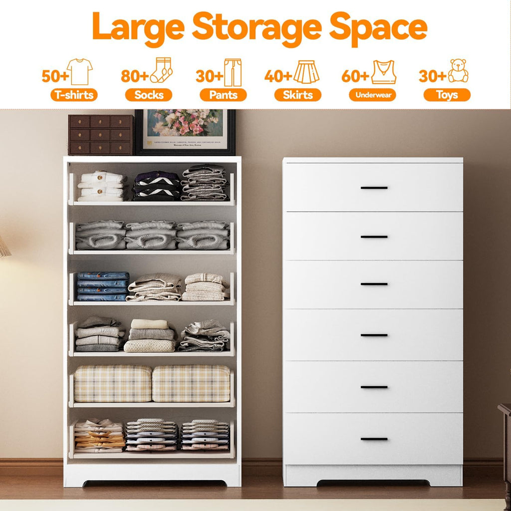 White 6 Drawer Tall Wood Dresser with Power Outlets
