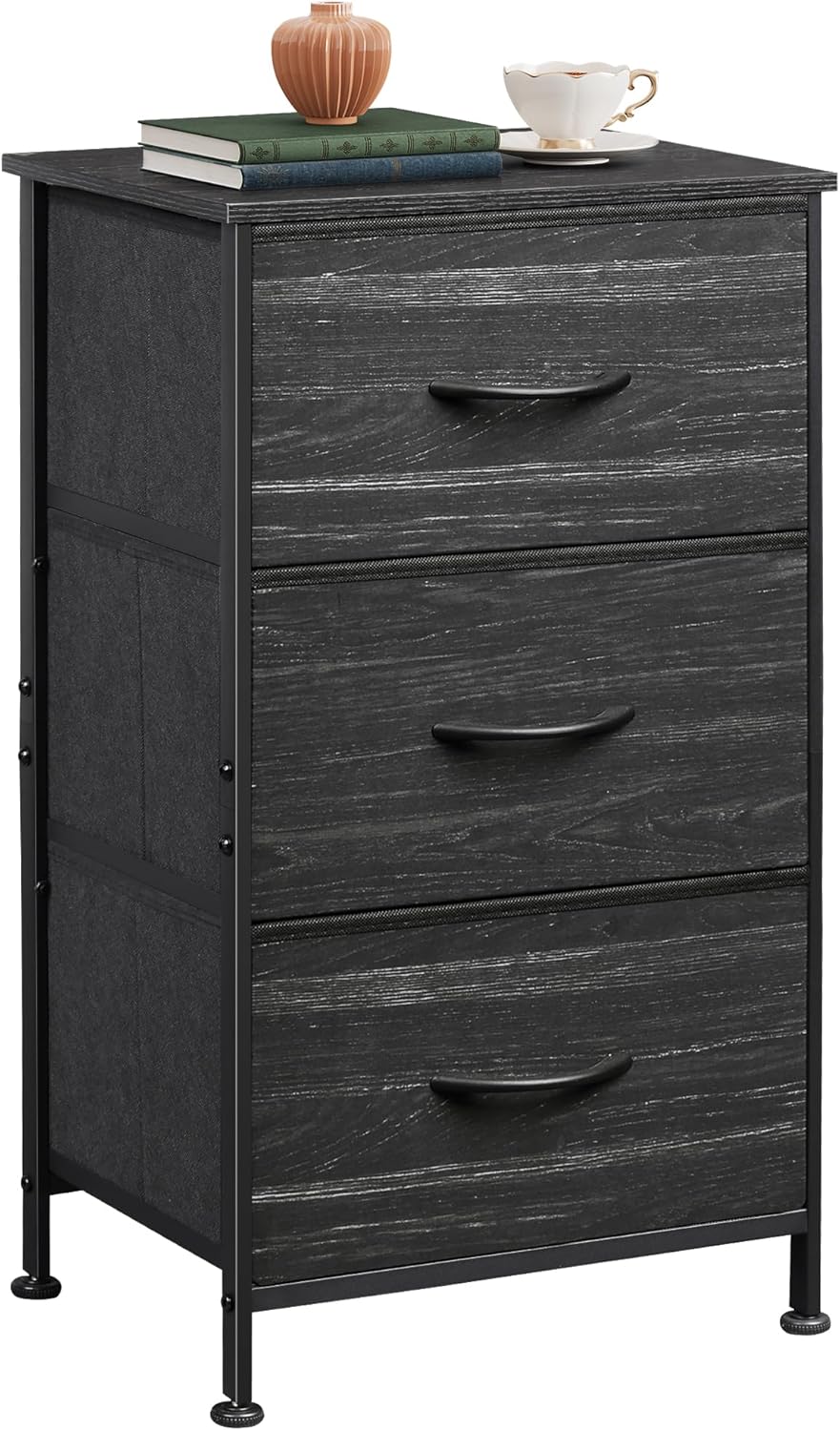 Charcoal Black Wood Top 3 Drawer Fabric Nightstand