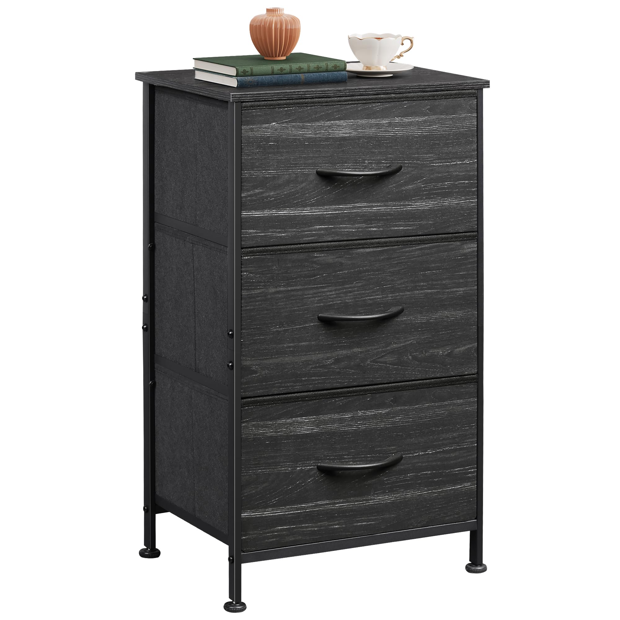 Charcoal Black Wood Top 3 Drawer Fabric Nightstand