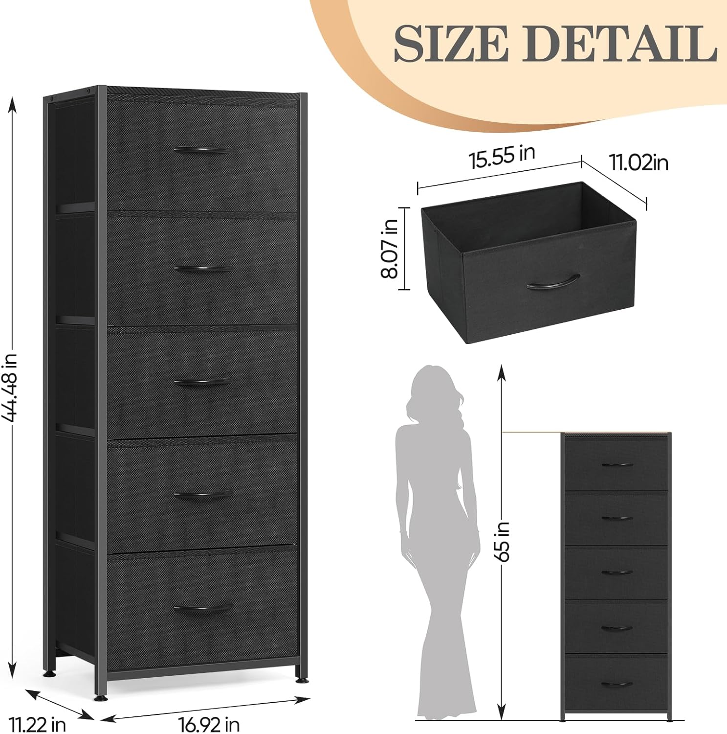 Black Wood Top 5 Drawer Fabric Tall Dresser
