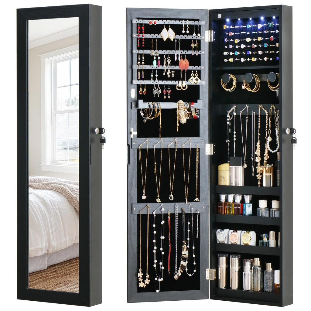White Lockable Wall Mount Full Length Jewelry Armoire