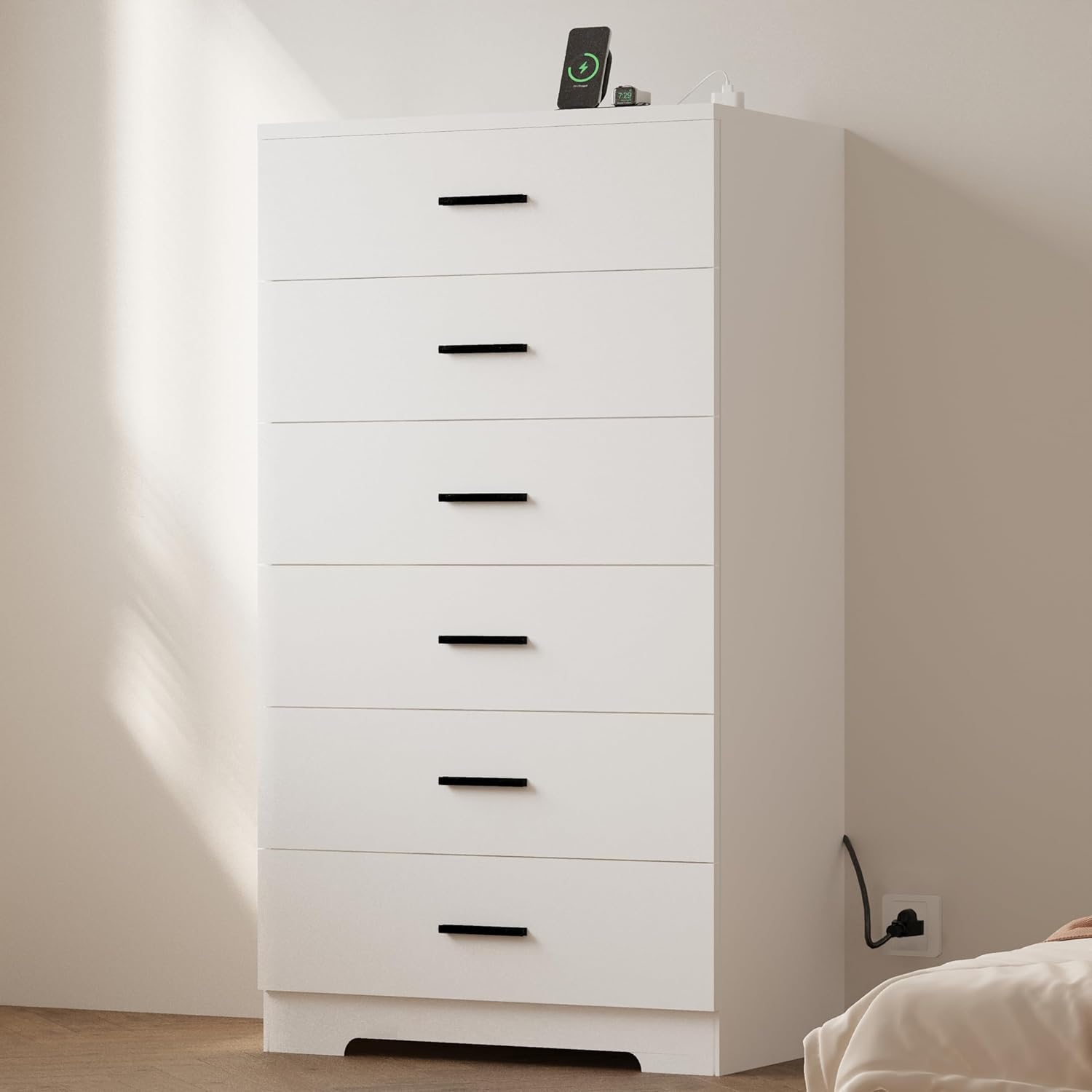 White 6 Drawer Tall Wood Dresser with Power Outlets