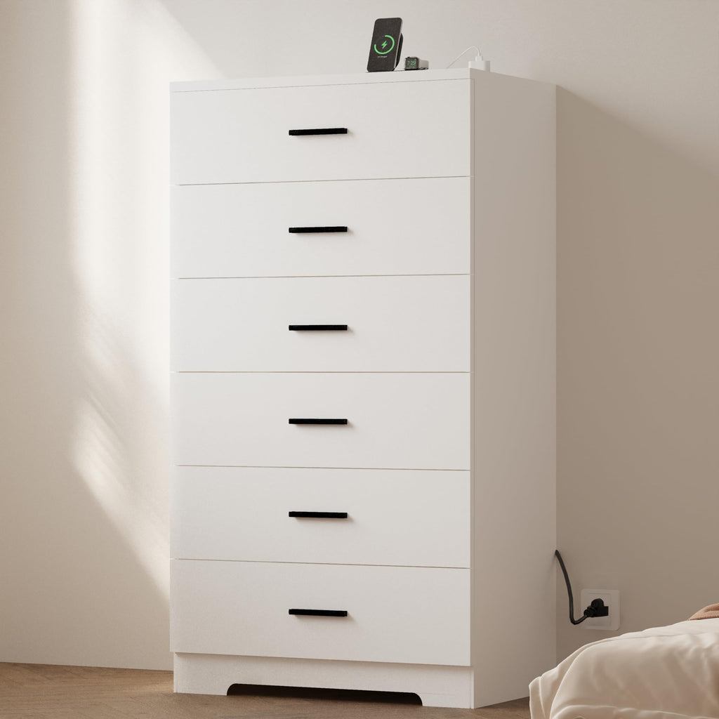 White 6 Drawer Tall Wood Dresser with Power Outlets