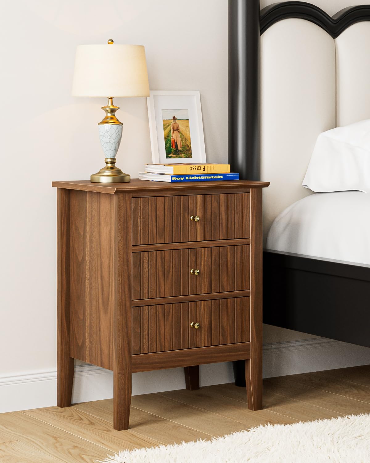 Oak Fluted 3 Drawer Farmhouse Bedside Nightstand