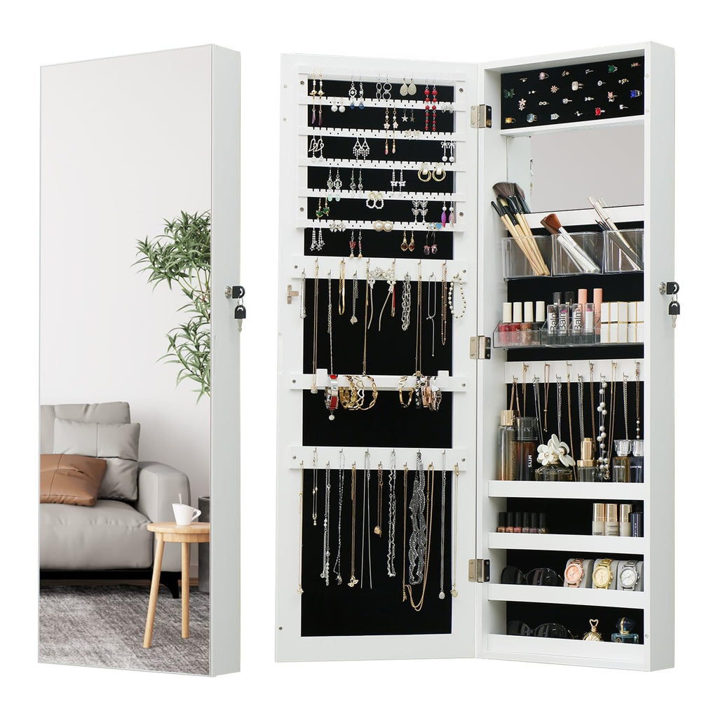 White Lockable Wall Mount Full Length Jewelry Armoire