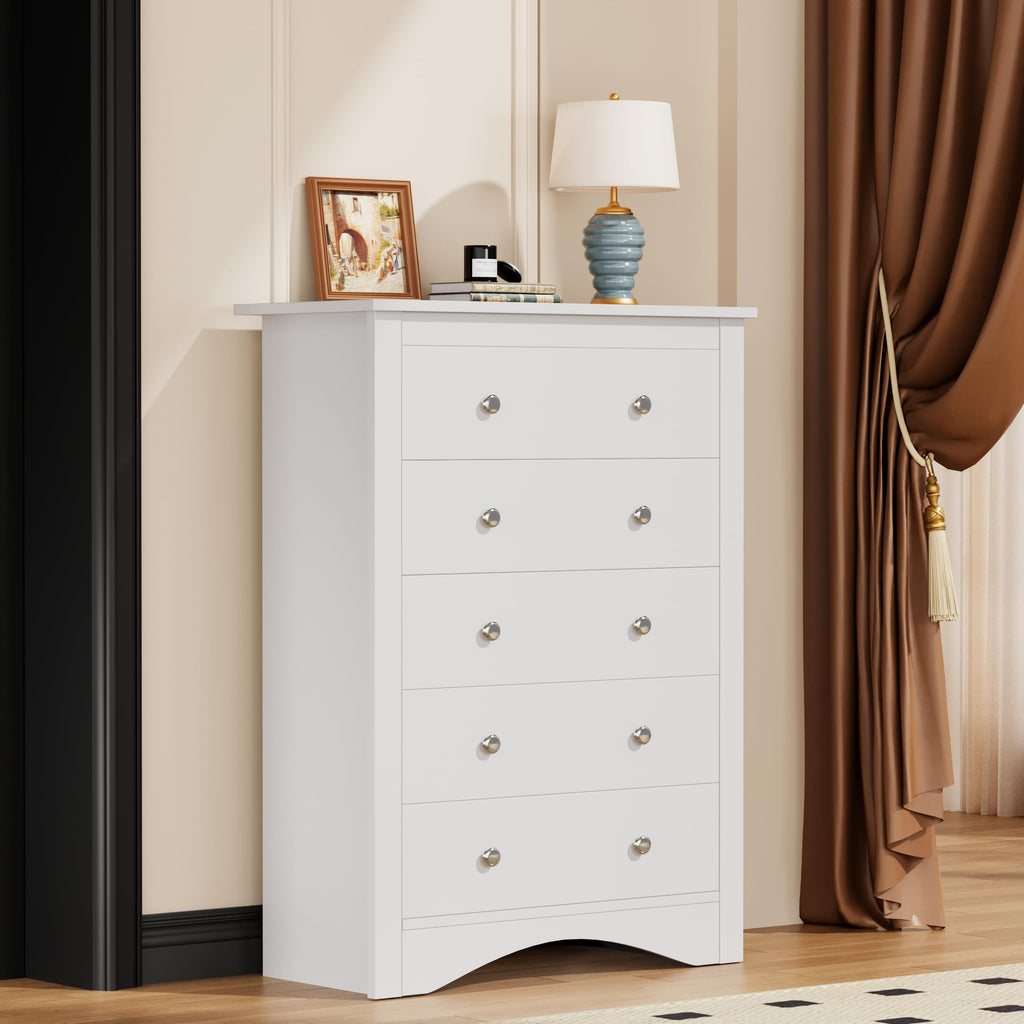 White 5 Drawer Tall Wooden Storage Dresser Cabinet