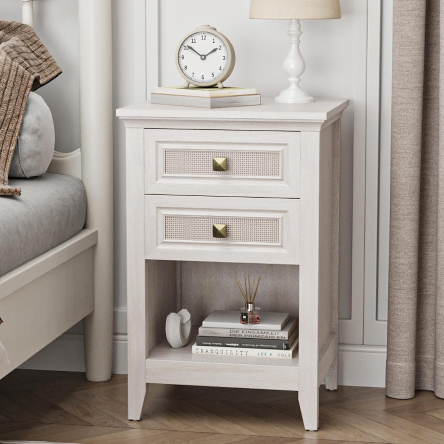 Grayish White Rattan 2 Drawer Bedroom Nightstand