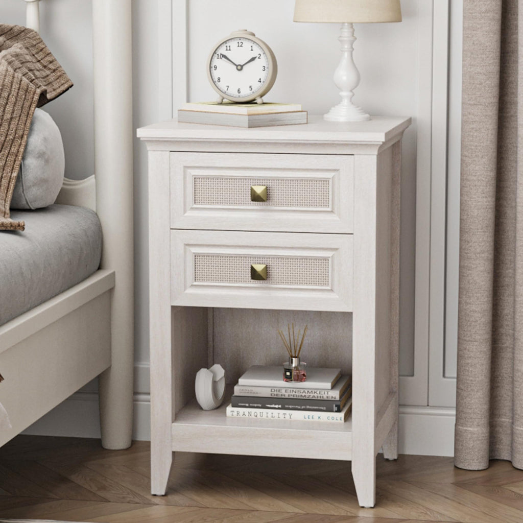 Grayish White Rattan 2 Drawer Bedroom Nightstand