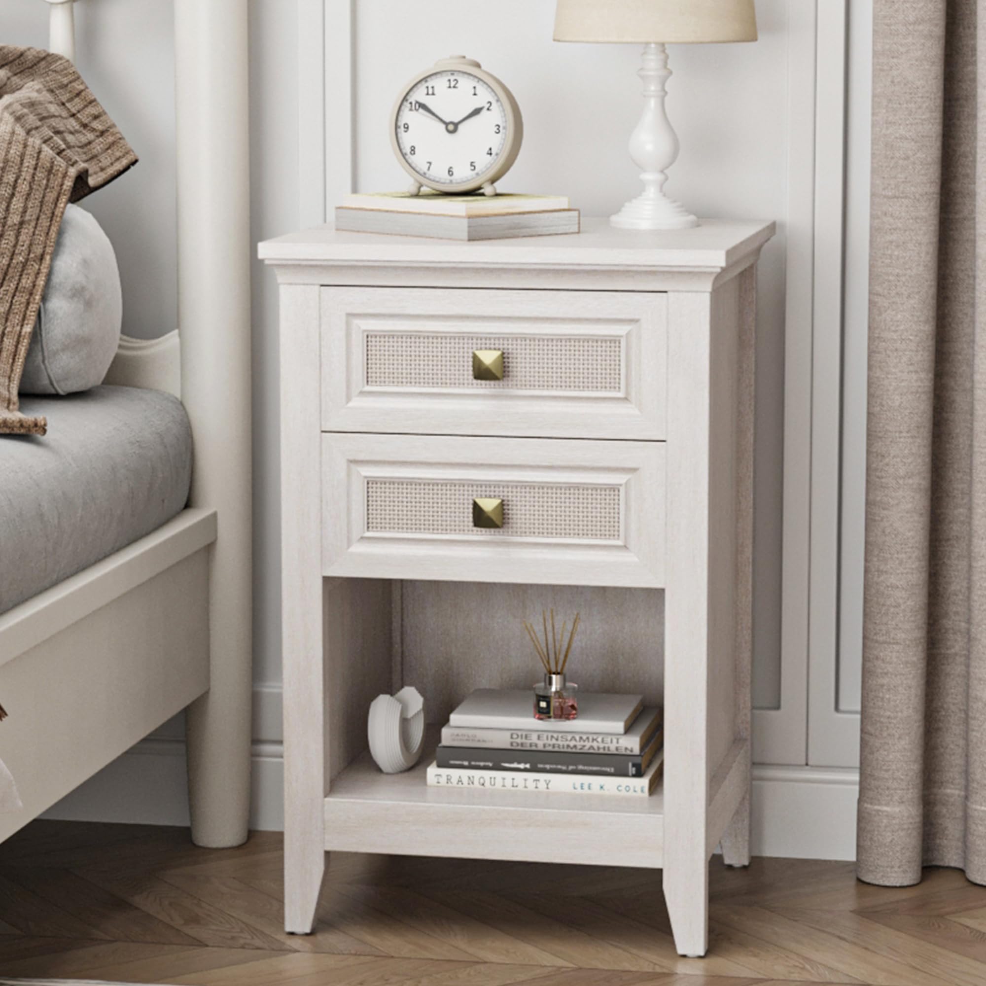 Grayish White Rattan 2 Drawer Bedroom Nightstand