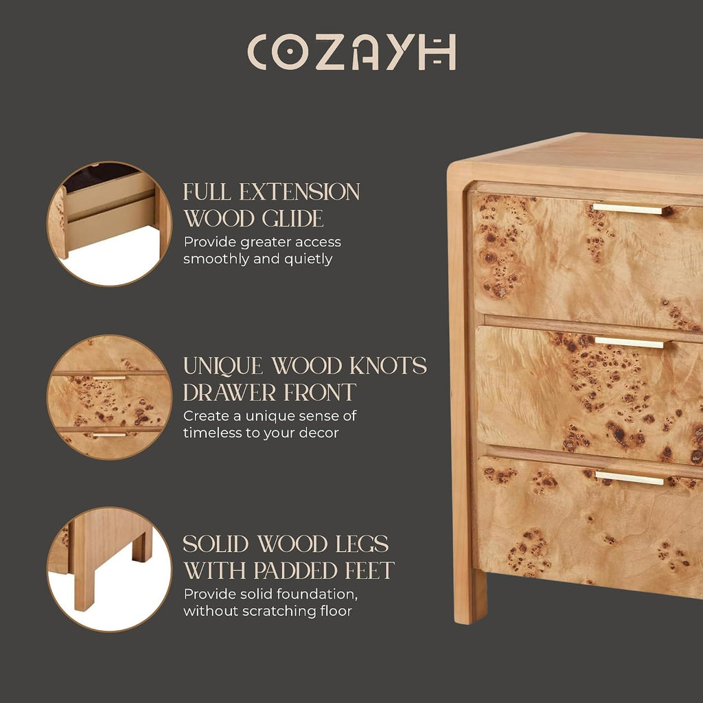 Natural Burl Wood 3 Drawer Farmhouse Nightstand