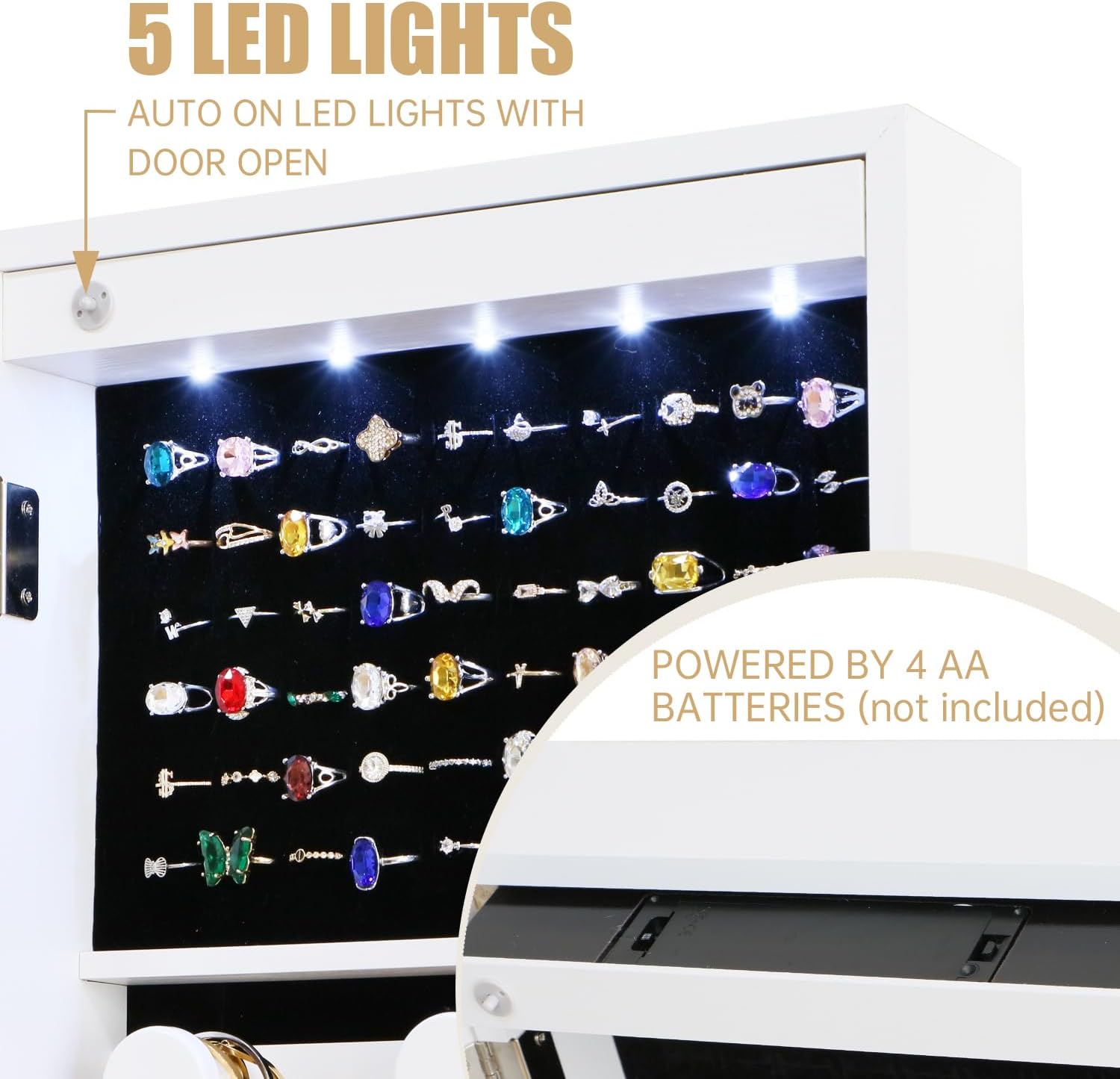 White Lockable Wall Mount Full Length Jewelry Armoire