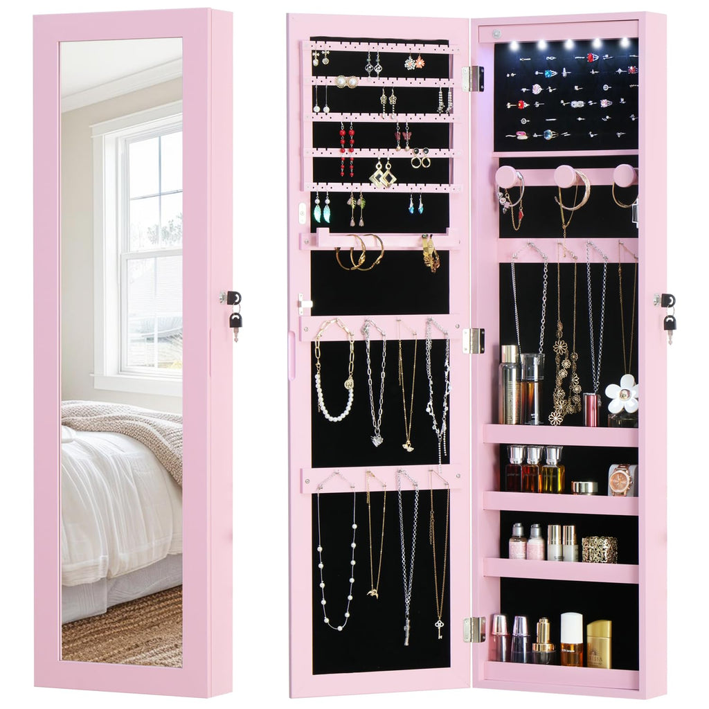 White Lockable Wall Mount Full Length Jewelry Armoire