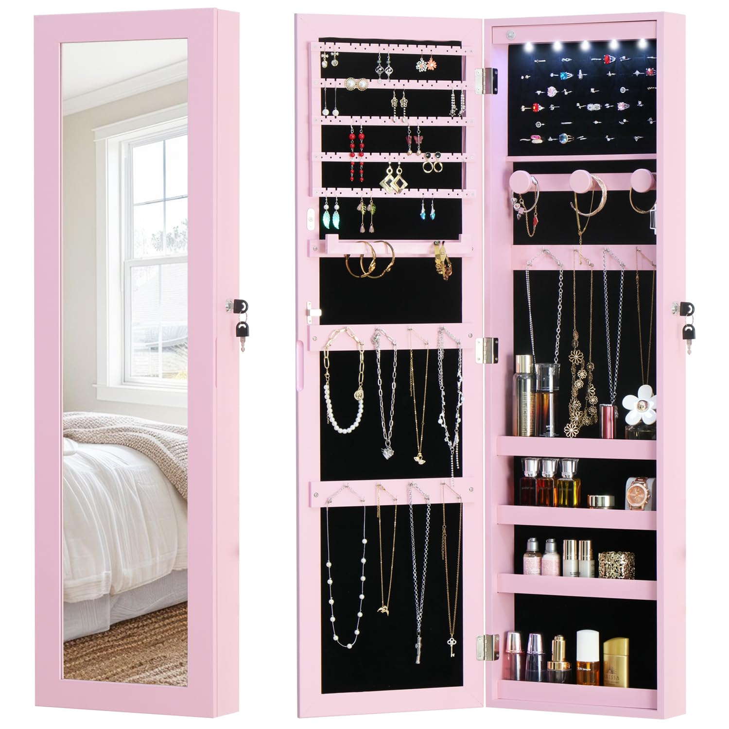 White Lockable Wall Mount Full Length Jewelry Armoire